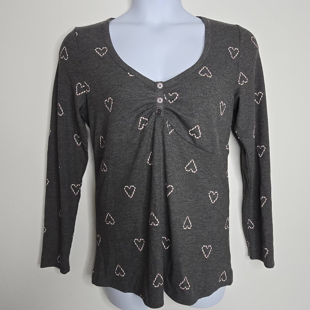 Torrid Womens Large Gray Henley Waffle Knit Thermal Candy Cane Heart Shirt Top